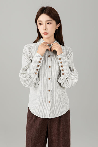Striped Linen Blouse - Button Down Puff Sleeve | Xiaolizi 6755