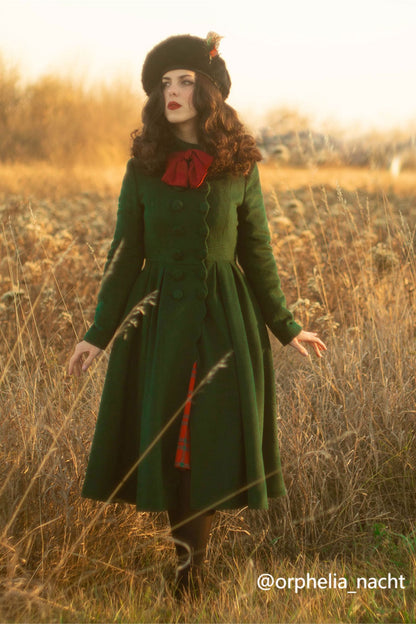 Forest Green Wool Blend Coat - Double Breasted Fitted Waist 3243