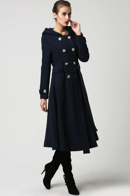 Long Wool Coat with Hood – Double Breasted Navy Blue Winter Coat with Self-Tie Belt  1114