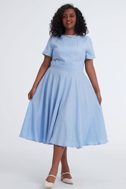 Blue Linen Midi Swing Dress - Boat Neck Pockets | Xiaolizi 3401