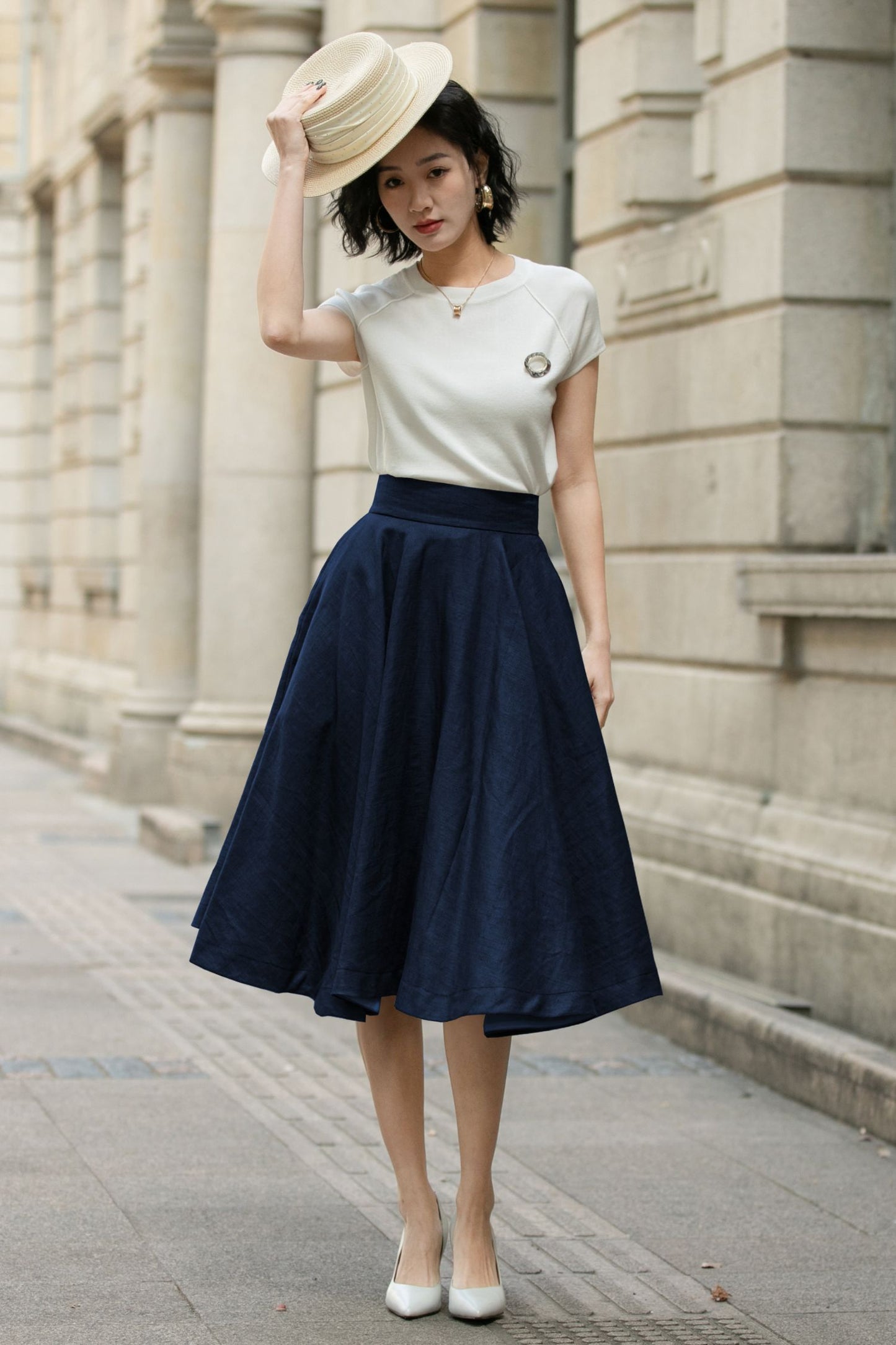 Navy Linen Midi Skirt - High Waist A-Line | Xiaolizi 6751