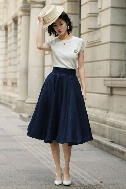 Navy Linen Midi Skirt - High Waist A-Line | Xiaolizi 6751