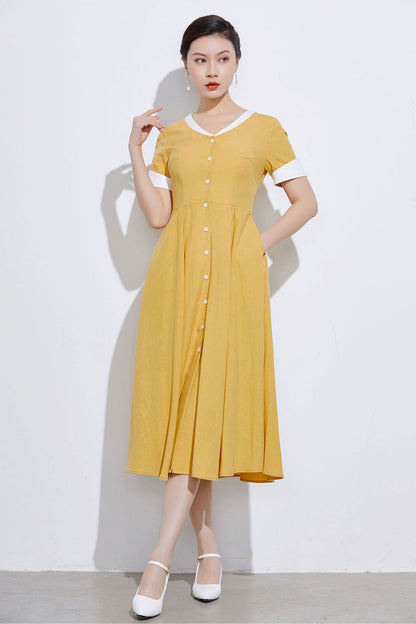 Handmade Yellow Linen Cotton Shirt Dress – Vintage Fit & Flare with Pockets 2317
