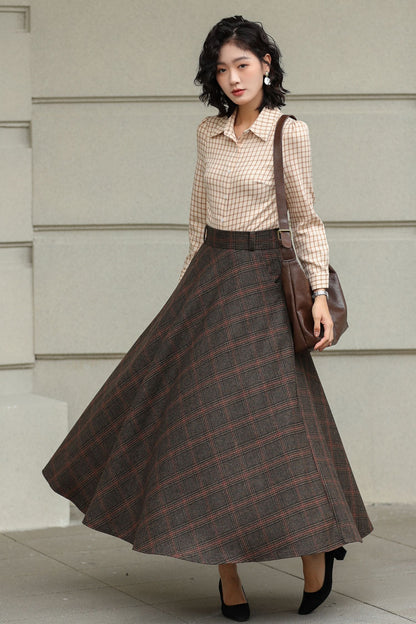 Handmade Dark Brown Plaid Wool Maxi Skirt – High Waist A-line Winter Elegance 6424