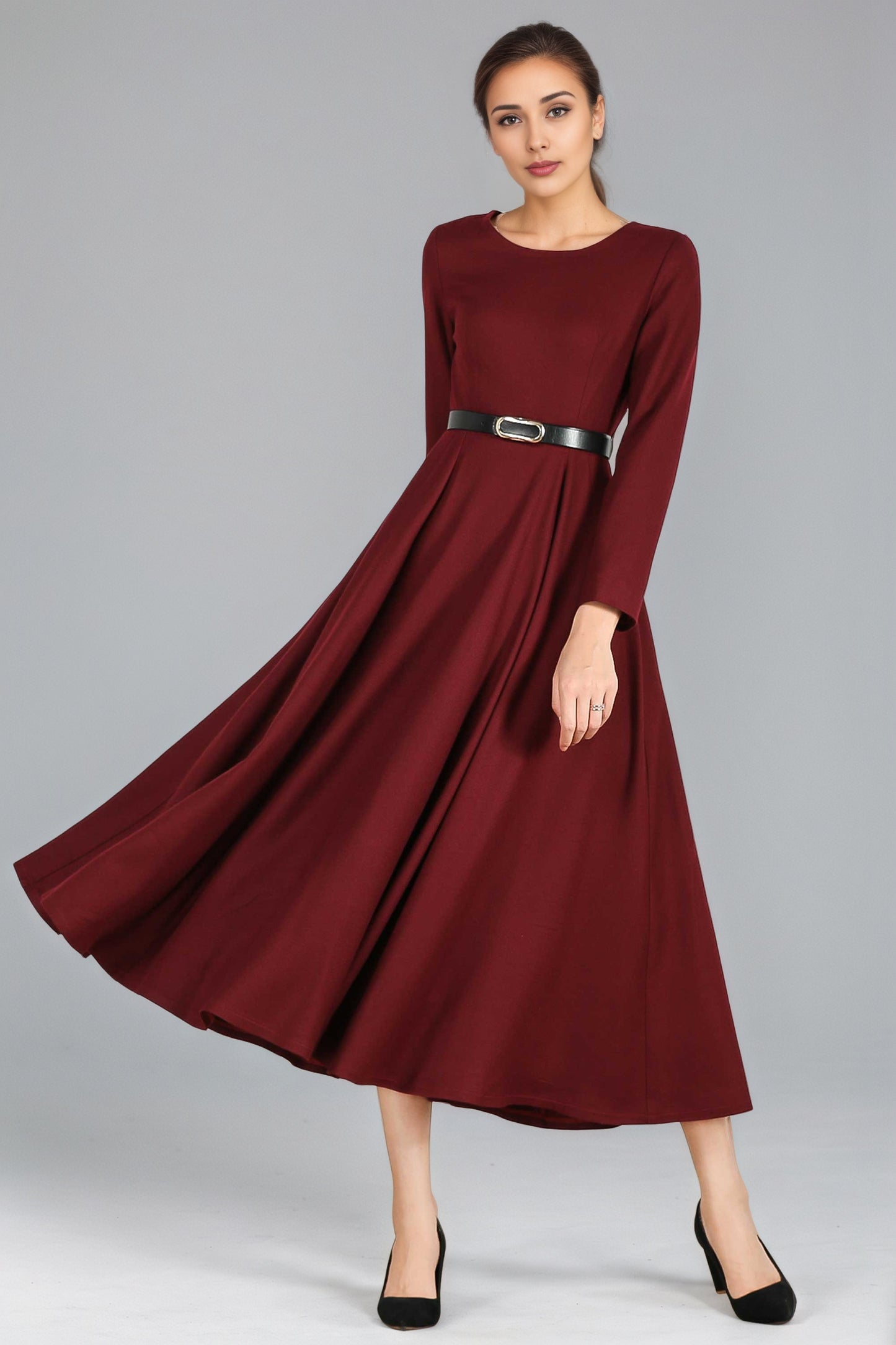 Burgundy Wool Midi Dress – Women’s Long Sleeve Fit and Flare Winter Dress 2429