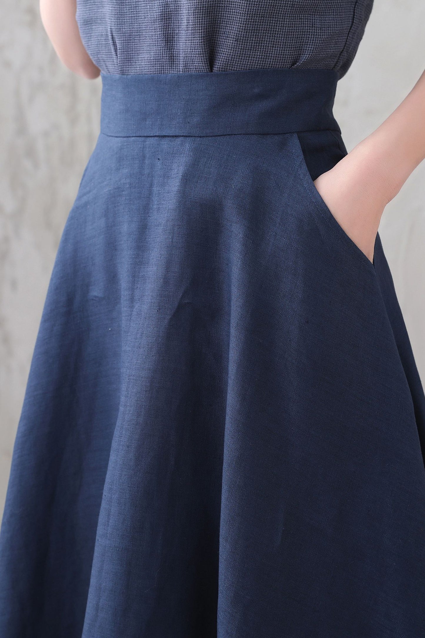 Dark Blue High Waist A Line Elastic Waist Linen Skirt 3339