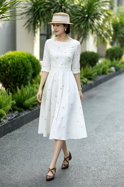 White Linen Cotton Midi Dress – Vintage Fit & Flare with Pockets 6785