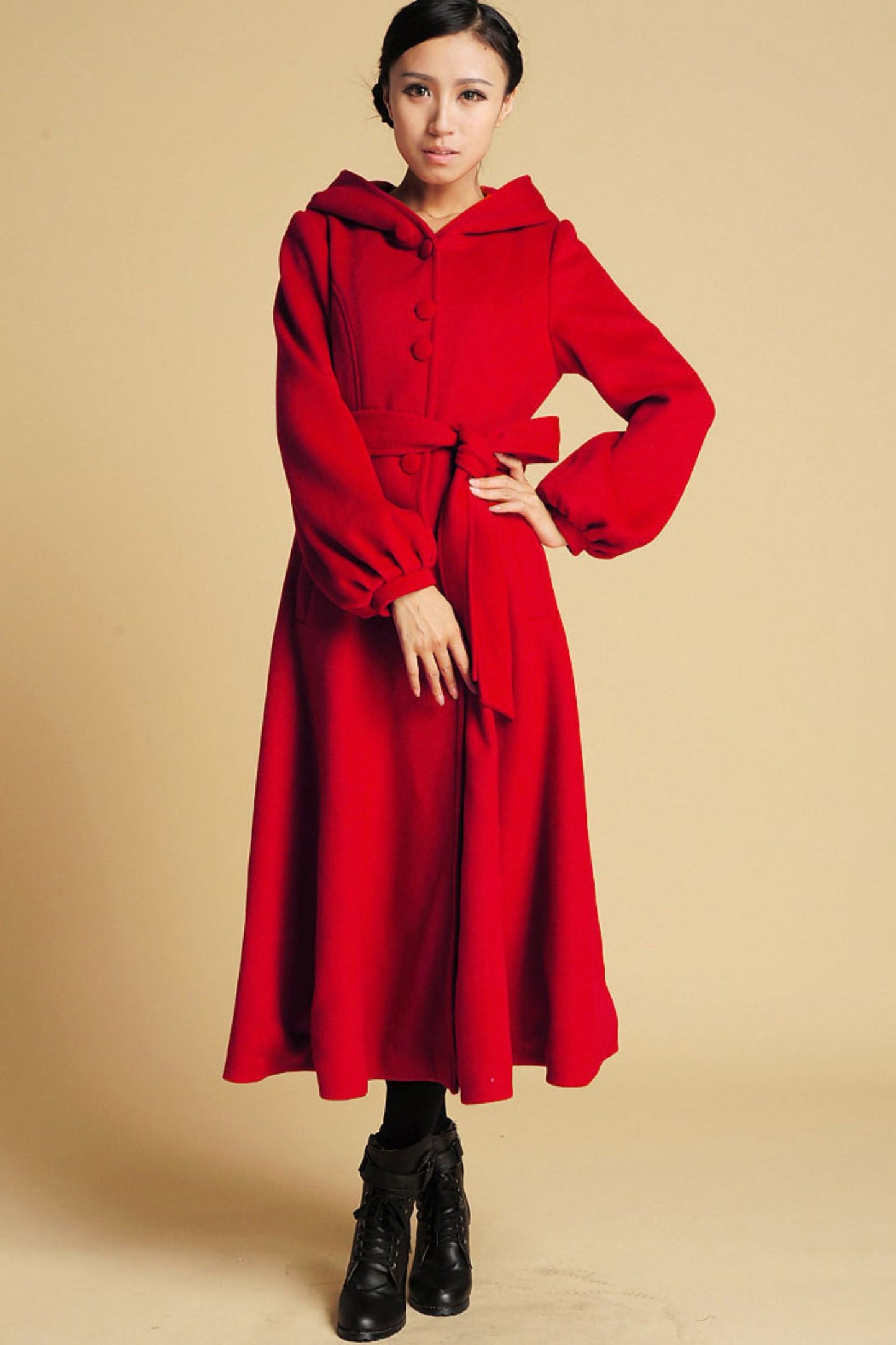 Red Wool Swing Coat with big hood 394