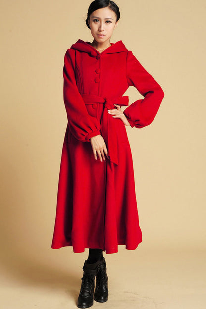 Red Wool Hooded Swing Coat – Vintage Fit & Flare Winter Overcoat with Belt 0394