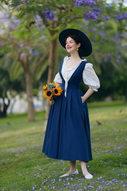 Blue Linen Cotton Pinafore Dress - Deep V-Neck, Swing Silhouette 5213
