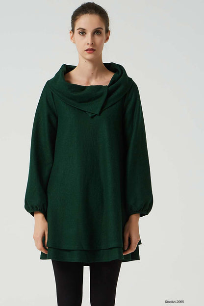 Artisan Wool Tunic Dress – Dark Green with Cowl Neck & Layered Hem – 2065