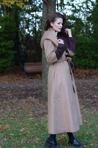 Camel Wool Trench Coat with Hood - Two-Tone Contrast Cuffs 4725