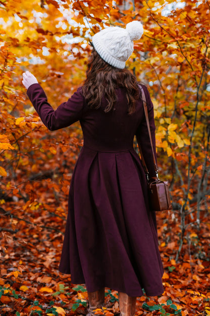 Handmade Burgundy Wool Coat – Autumn Princess Fit & Flare Overcoat 4741