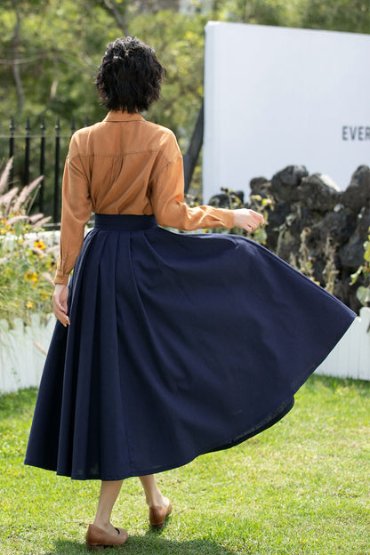 Deep Navy Linen Cotton Midi Skirt High Waist | Xiaolizi 6736- Size XS #CK2600283