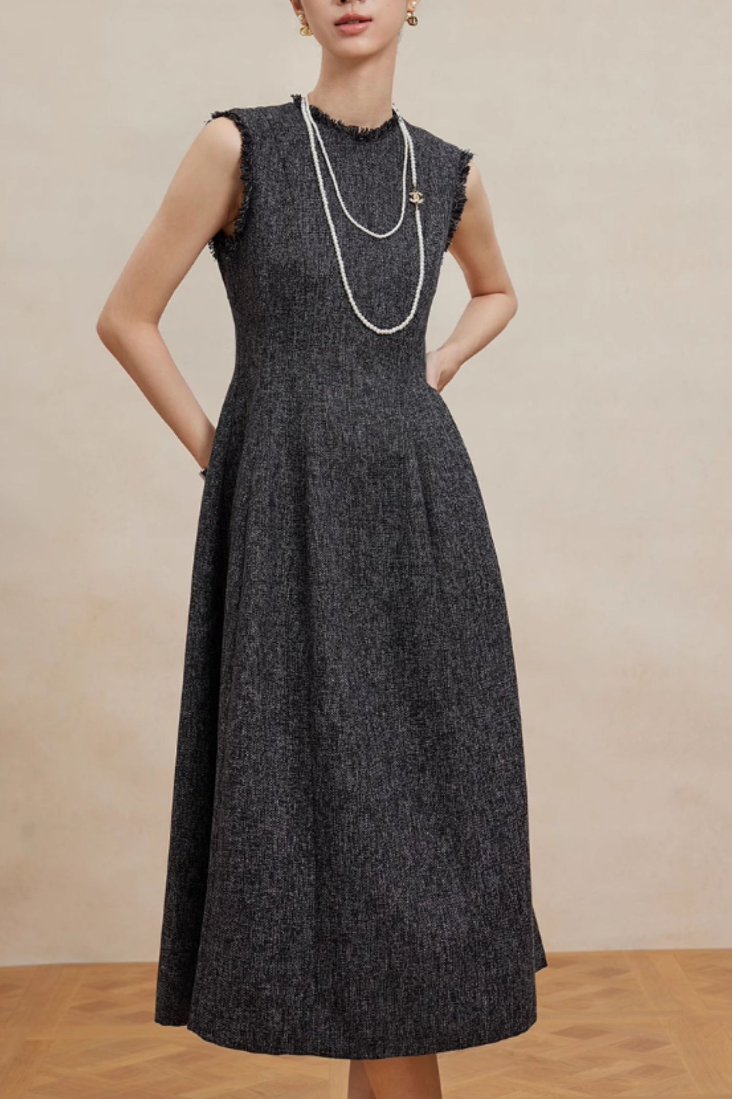 Classic Dark Grey Wool Midi Dress  – Fit & Flare A-Line – 6455