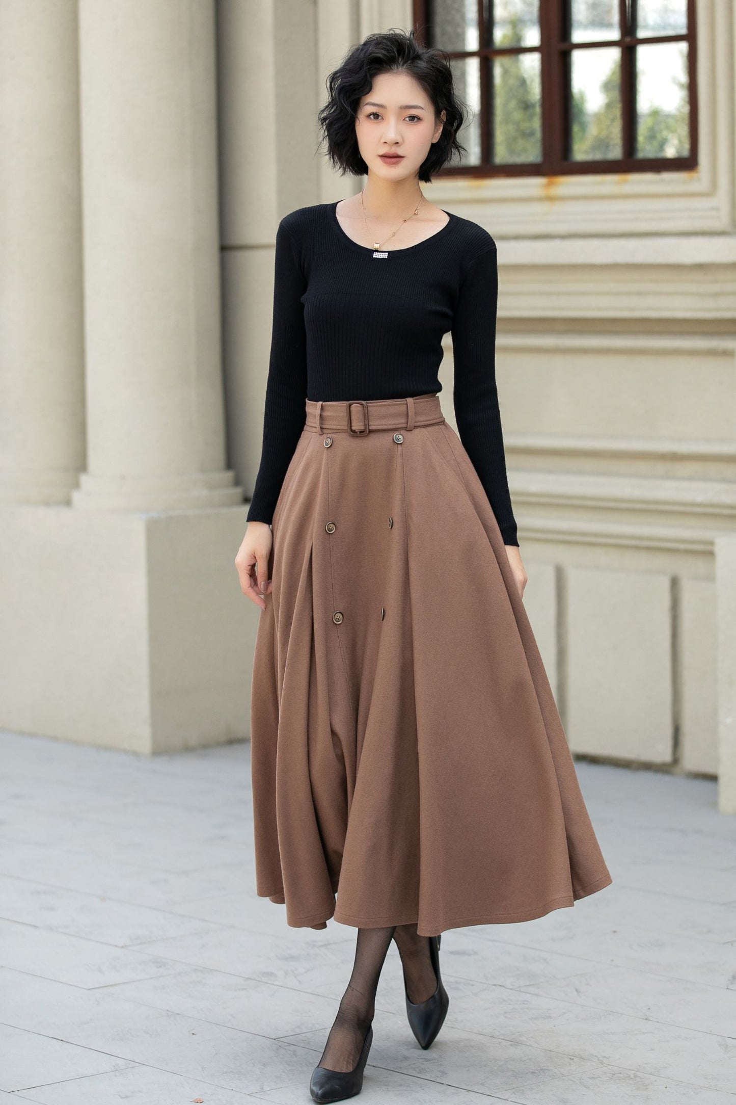 Brown button front a line wool skirt 5453