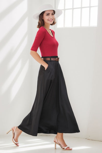 Black A Line Maxi  Linen Skirt with Pockets  2779