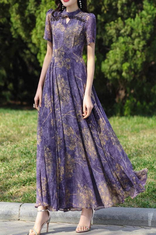 Purple flower printed maxi prom chiffon dress 5078