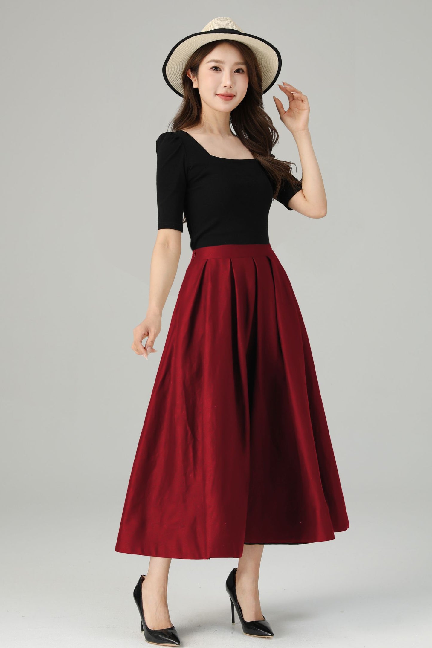Red Linen Midi Skirt: Retro High Waisted A-Line Pleated Skirt 6714