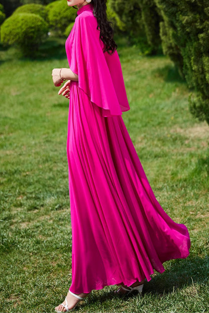 Fuchsia Polyester Maxi Dress - Flowing Swing Sleeve, Fitted Waist c4978