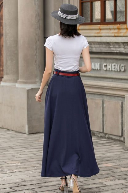 Navy Blue Linen Cotton Maxi Skirt – Minimalist A-Line Long Skirt with Pockets 2716