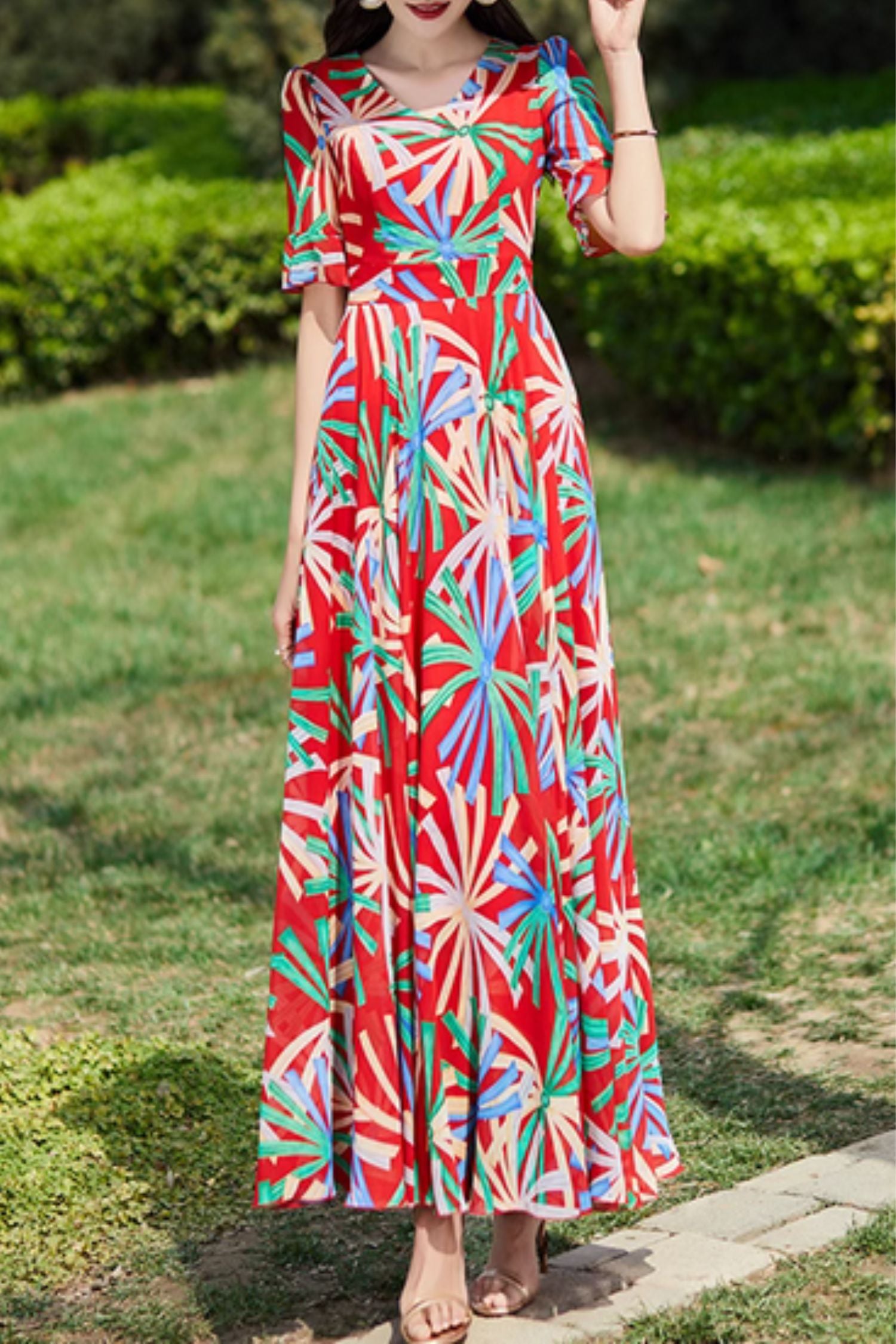 Red Floral Chiffon Maxi Dress - V-Neck, Fitted Waist 5006