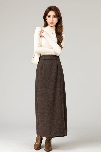 Handmade Wool Blend Skirt – Elegant Dark Brown Wrap Midi for Autumn Winter 5484
