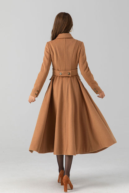 Camel Wool Swing Coat – Vintage Double Breasted Long Winter Overcoat 4668