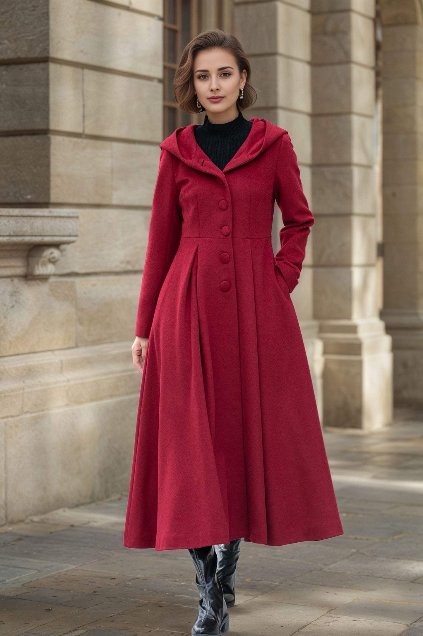 Long swing red winter wool coat women 6287
