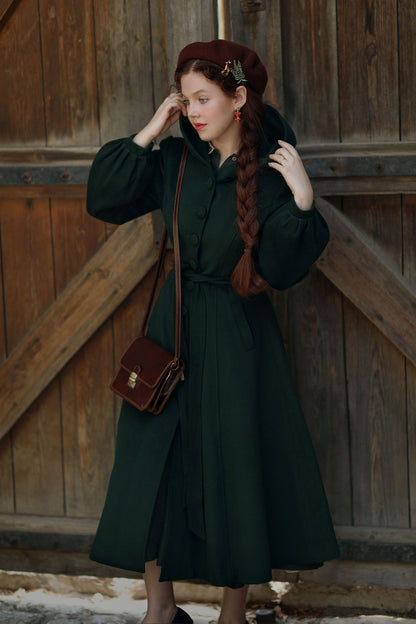 Long Dark Green Hooded Wool Coat 3870