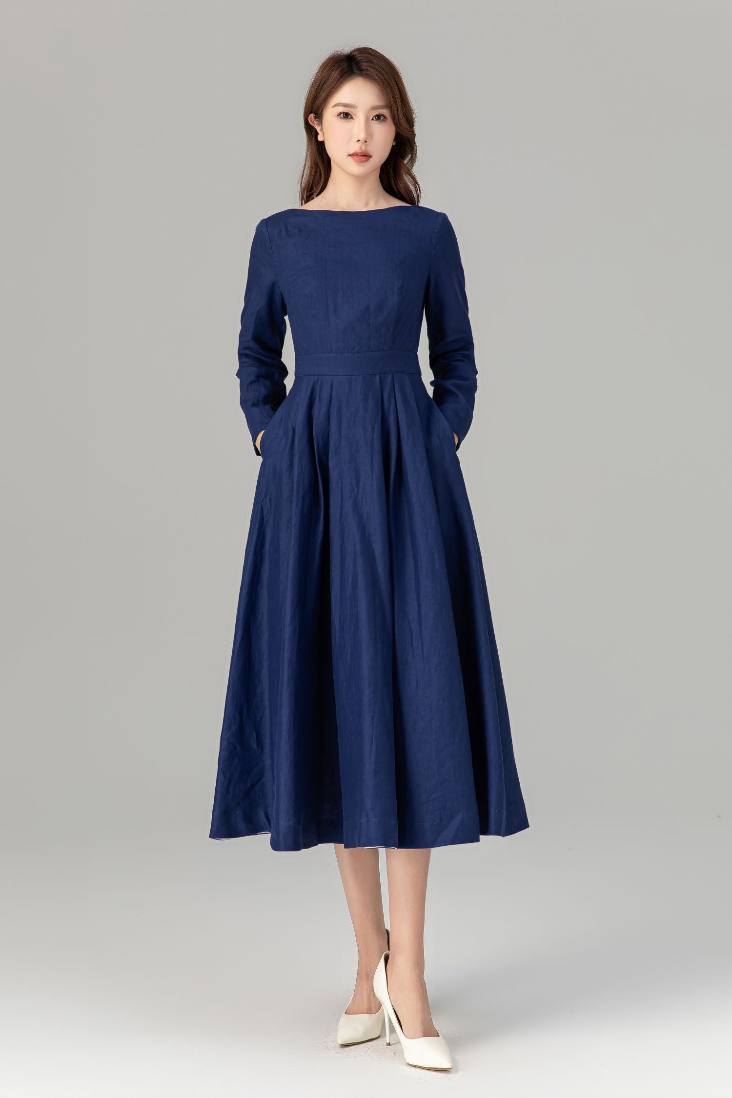 Navy Linen Midi Dress – Elegant Long Sleeve Linen-Cotton Fit and Flare Dress 4925 Navy / XL Navy Linen Midi Dress – Elegant Long Sleeve Linen-Cotton Fit and Flare Dress 4925 Navy / XL
