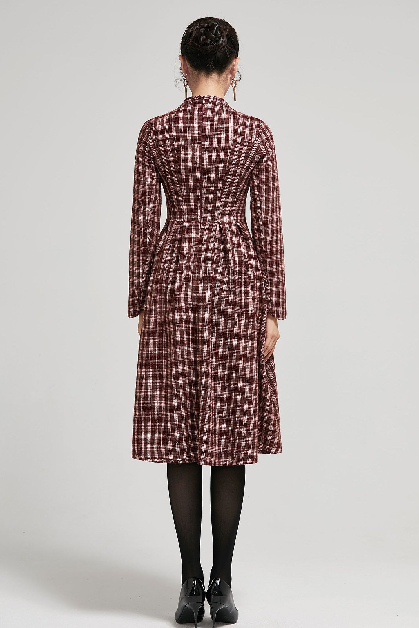 Mandarin collar plaid winter wool dress women 2295