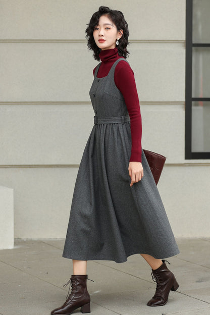 Gray Wool Midi Dress - Sleeveless Swing Silhouette with Belt 6427