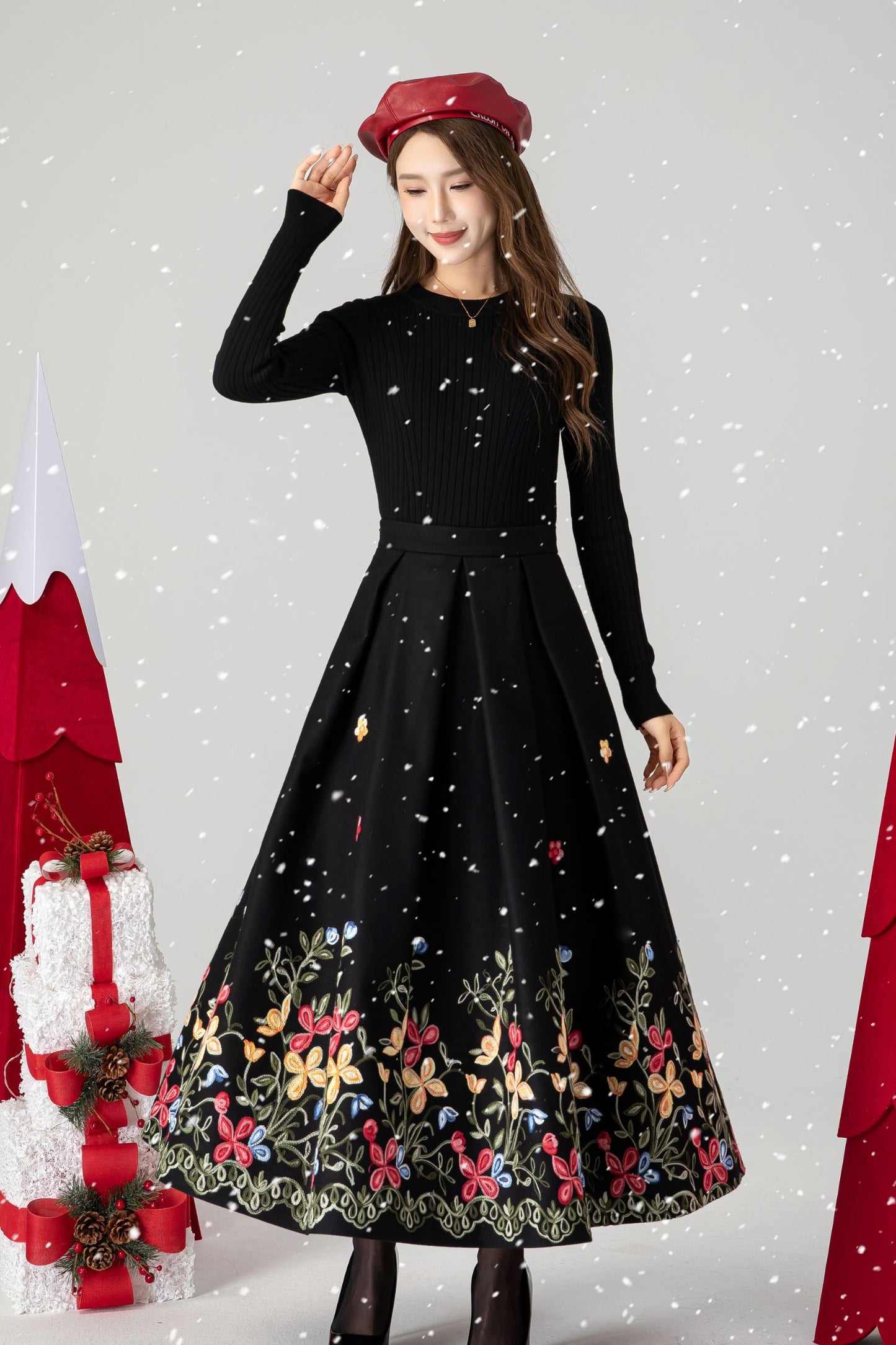 Black Maxi Embroidered Wool Skirt 4612