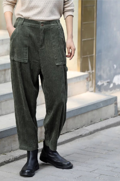 Olive Wool Corduroy Wide Leg Pants - Back Elastic Waist 5593