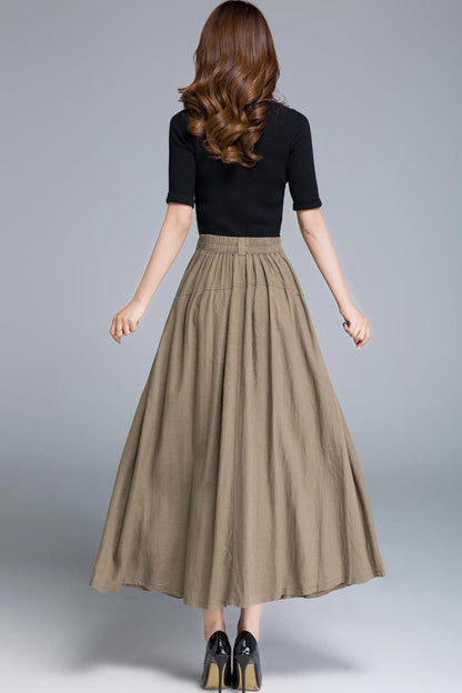 Khaki long maxi skirt with pleated and button detail 1671