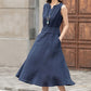 Casual sleeveless Navy linen midi dress 2593