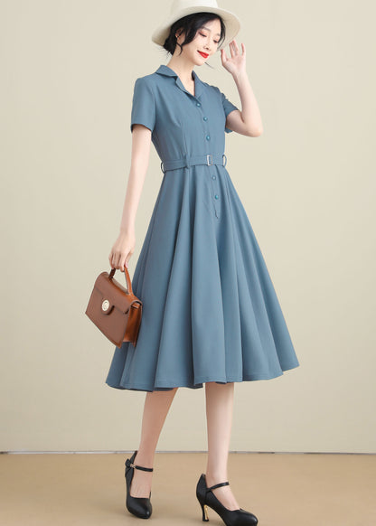 Blue Linen Cotton Shirtwaist Dress - Vintage Inspired, Below Knee Length 3277