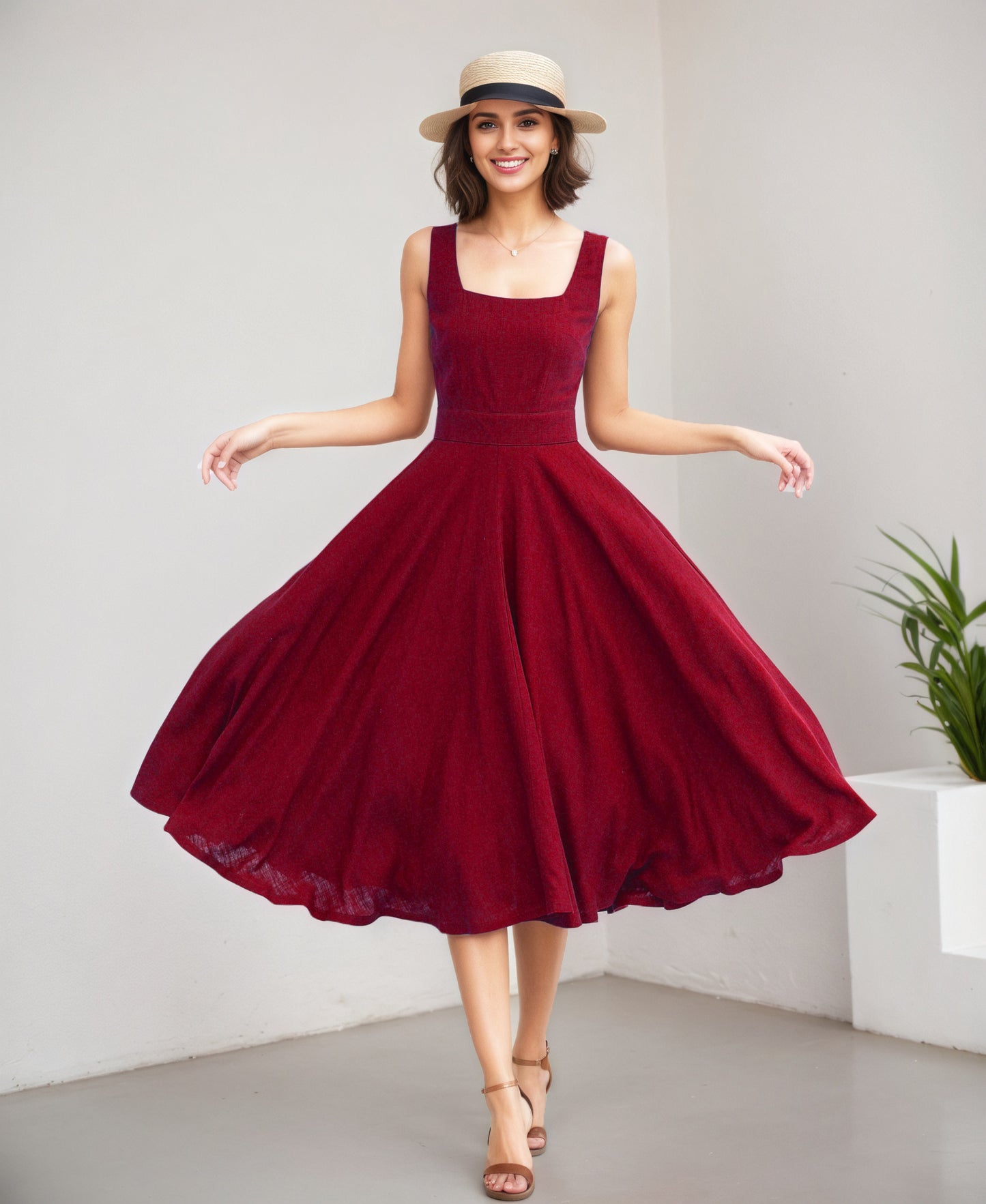 Wine Linen Cotton Midi Dress - Square Neck A-Line | Xiaolizi 6072
