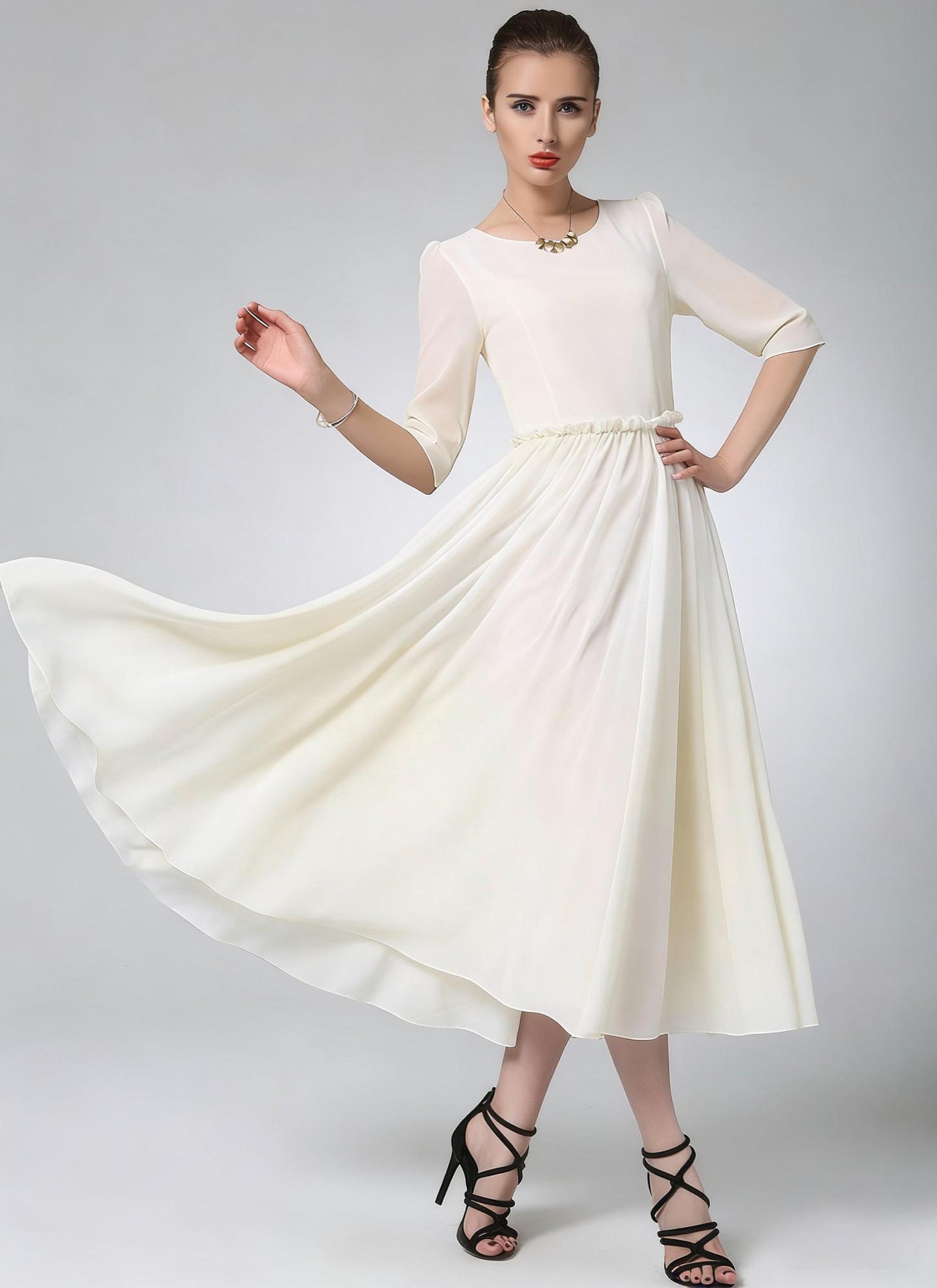 Blue Chiffon Midi Dress – Ruffle Waist Elegance | Xiaolizi 6783