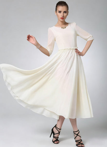 Blue Chiffon Midi Dress – Ruffle Waist Elegance | Xiaolizi 6783