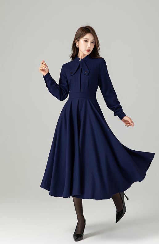 Navy Wool Blend Swing Dress - Bow Tie Neck Long Sleeve | Xiaolizi 6322