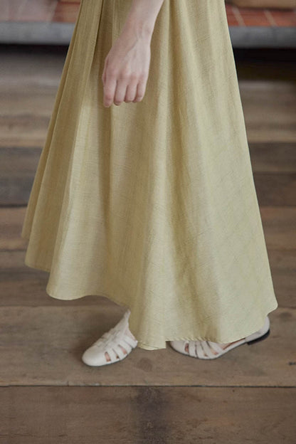 Beige Linen Midi Skirt - High Waist Pleated A-Line 4356