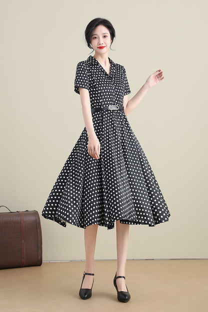 Polka Dot Shirt Waist Swing Midi Dress 3278, Size XS  #CK2101693