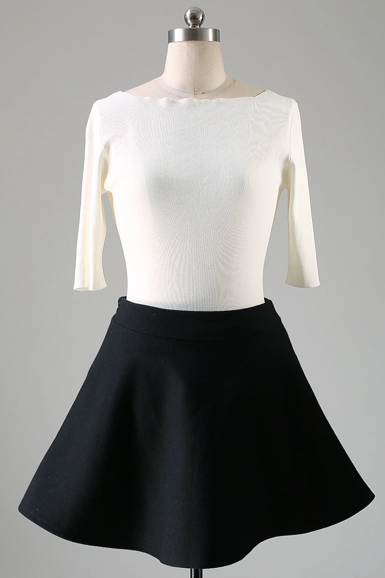 Black Wool Blend Mini Skirt - High Waisted A-Line Pleated 1101