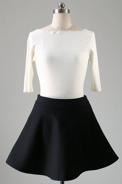 Black Wool Blend Mini Skirt - High Waisted A-Line Pleated 1101
