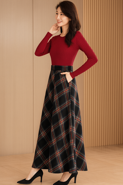 Handmade Black Red Plaid Wool Maxi Skirt – Vintage High Waist A-line Winter Elegance | Xiaolizi 5565