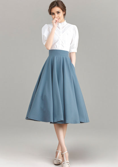 Vintage Blue Linen Skirt – High-Waisted Full Circle Midi – 3275