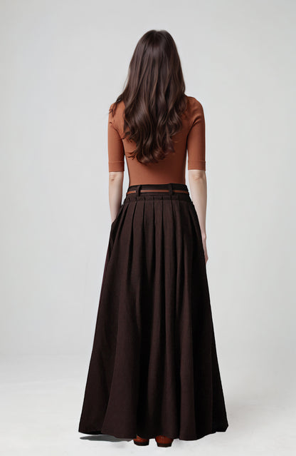 Brown Linen Maxi Skirt - High Waist Pleated | Xiaolizi 6750
