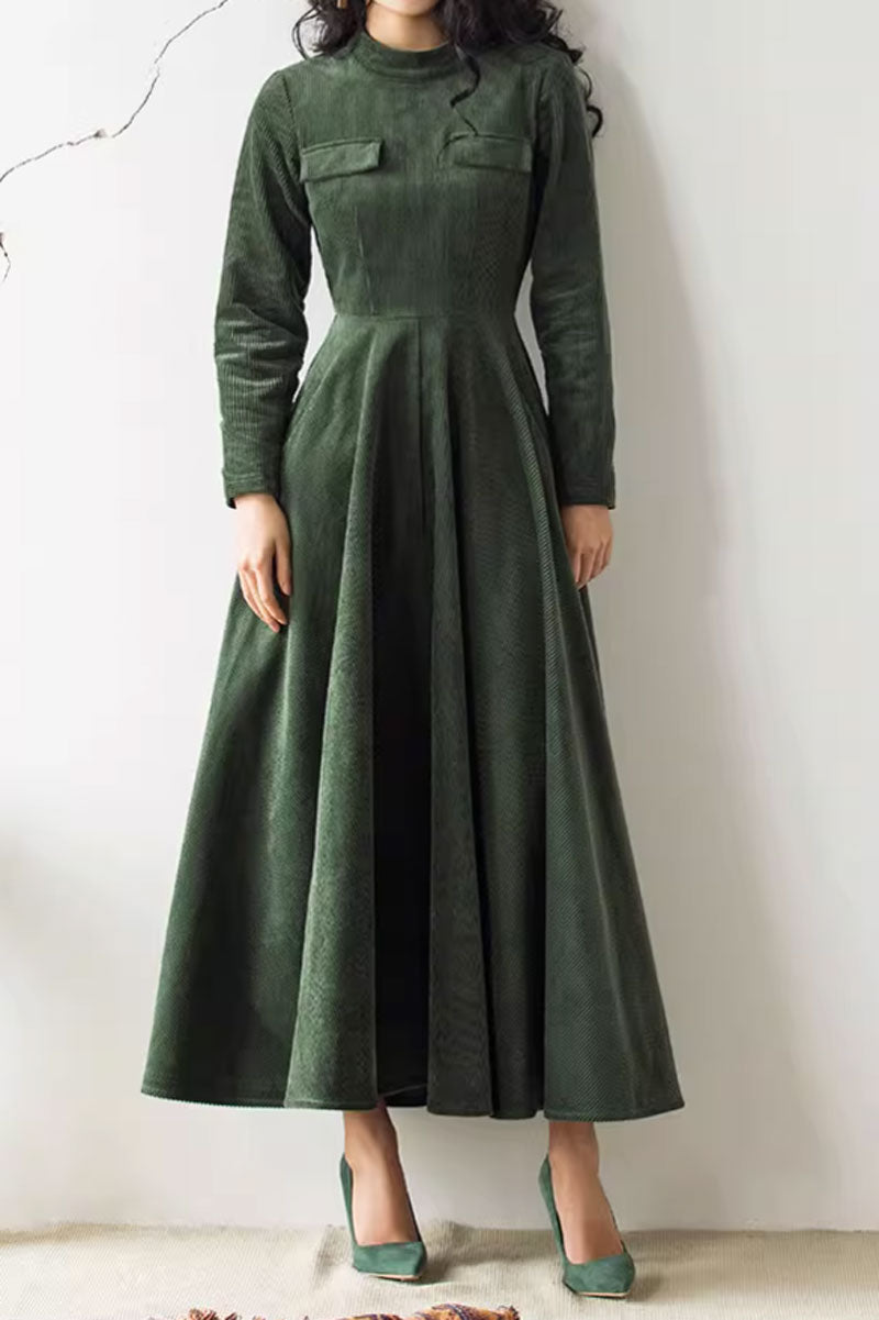 Vintage fit and flare corduroy dress women 4568 - green / S Vintage fit and flare corduroy dress women 4568 - green / S